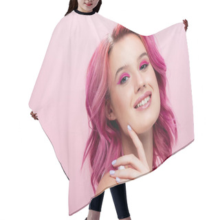 Personality  Young Woman With Colorful Hair And Makeup Posing With Hand Near Face Isolated On Pink Hair Cutting Cape