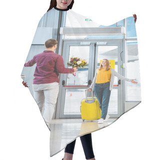 Personality  Back View Of Boyfriend With Flowers Meeting Beautiful Girlfriend With Suitcase In Airport  Hair Cutting Cape