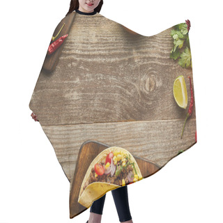 Personality  Top View Of Delicious Tacos With Ingredients And Mustard On Wooden Background Hair Cutting Cape