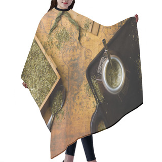 Personality  Yerba Mate, Antique Map. Dry Herb. Top View. Vintage Background Hair Cutting Cape