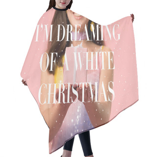 Personality  Cropped View Of Happy Young Stylish Disco Girl Holding Gift Box On Pink With I Am Dreaming Of A White Christmas Illustration  Hair Cutting Cape