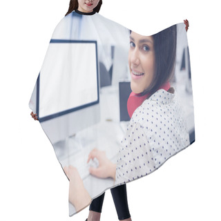 Personality  Smiling Student Working On Computer  Hair Cutting Cape