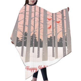 Personality  Woods In Winter With Falling Snow And Cardinals. Tall Bare Trees On Pink Background. Hair Cutting Cape