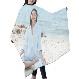Personality  Smiling Asian Woman In Ardha Padmasana (half Lotus Pose) On Beach By Sea  Hair Cutting Cape