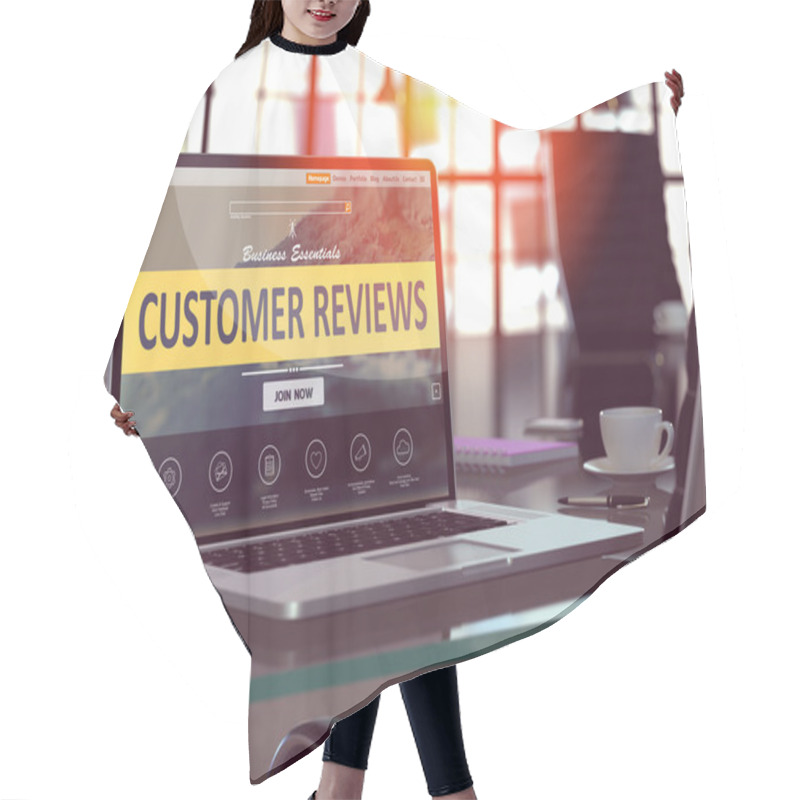 Personality  Customer Reviews Concept on Laptop Screen. hair cutting cape