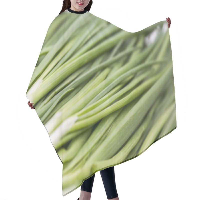 Personality  Bunches of green onions on a market counter hair cutting cape