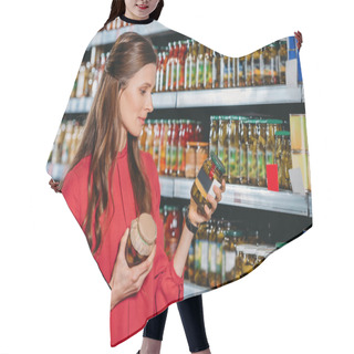 Personality  Portrait Of Attractive Woman Choosing Products In Hypermarket Hair Cutting Cape