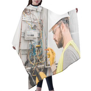 Personality  Handsome Electrician Checking Electrical Box With Multimetr In Corridor Hair Cutting Cape