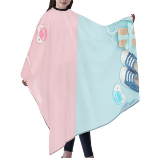 Personality  Top View Of Pacifiers, Gifts, Hat, Booties, Sneakers, Bonnets On Pink And Blue Background Hair Cutting Cape