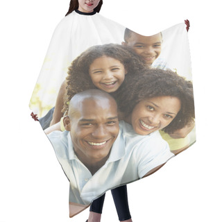 Personality  Portrait Of Happy Family Piled Up In Park Hair Cutting Cape
