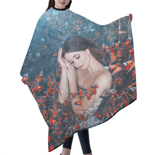 Personality  Sleeping Beauty Portrait. Young Brunette Woman, Creative Gentle Makeup, Fashion Vintage Glamorous Collected Hairstyle. Brunette Girl. Fantasy Dress With Butterflies. Blue Orange Art Color Photography Hair Cutting Cape