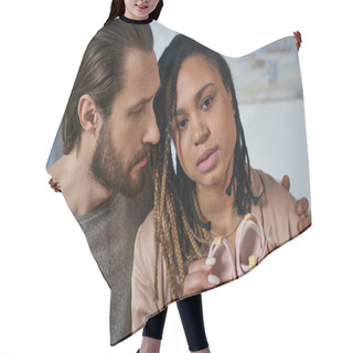 Personality  Bearded Man Calming Down African American Wife Crying And Holding Baby Clothes, Miscarriage Concept Hair Cutting Cape