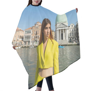 Personality  Redhead Woman In Yellow Crop Jacket Looking Away Near Grand Canal In Venice Hair Cutting Cape