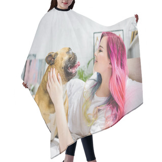 Personality  Side View Of Attractive Girl Laying In Bed And Looking At French Bulldog  Hair Cutting Cape