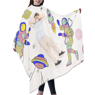 Personality  Cute Kid With Hands Near Eyes Flying In Space Near Astronauts On White  Hair Cutting Cape