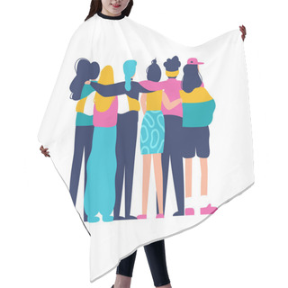Personality  Diverse Women Friend Group Hugging Together For Feminist Concept Or Womens Right Event. Modern Young Woman Dressed In Trendy Urban Fashion. Female Team Hug On Isolated Background With Copy Space. Hair Cutting Cape