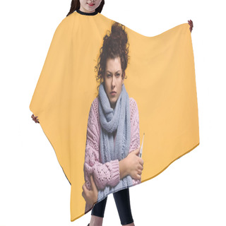 Personality  Sick Woman With Fever Holding Thermometer Isolated On Orange Hair Cutting Cape