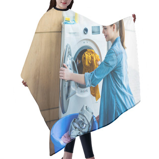 Personality  Smiling Young Woman Taking Laundry From Washing Machine Into Plastic Basin Hair Cutting Cape