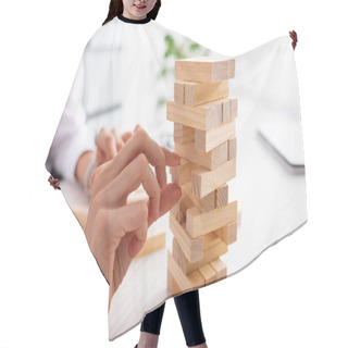 Personality  Clopped View Of Businesswoman Playing Blocks Wood Game At Table Hair Cutting Cape