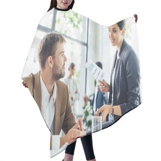 Personality  Attractive Businesswoman Sitting On Table And Talking To Colleague Hair Cutting Cape