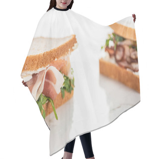 Personality  Selective Focus Of Fresh Sandwich With Arugula And Prosciutto On Marble White Surface Hair Cutting Cape