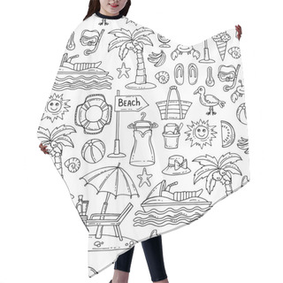 Personality  Pattern With Hand Drawn Isolated Symbols Of Summer And Beach On White Color. Pattern On The Theme Of Travel Hair Cutting Cape