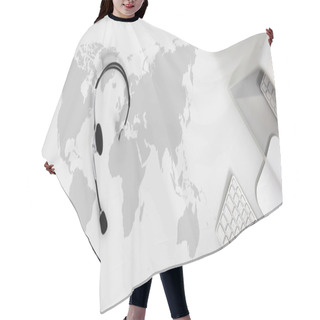 Personality  Contact Global Concept , Top View Desk With Headset, Computer Map Hair Cutting Cape