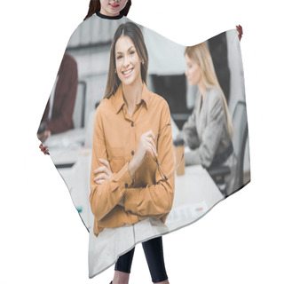 Personality  Smiling Businesswoman Looking At Camera With Multicultural Colleagues Behind In Office Hair Cutting Cape