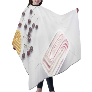 Personality  Top View Of Delicious Waffles, Cherries And Ice Cream On Marble Grey Background Hair Cutting Cape