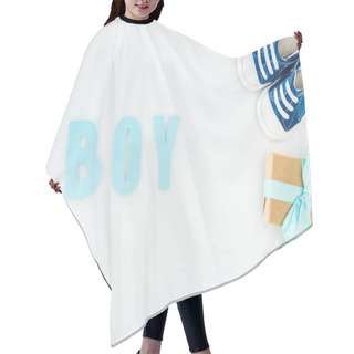 Personality  Top View Of Blue Sneakers, Gift Box And Bonnet, Boy Lettering On White Background With Copy Space Hair Cutting Cape