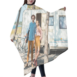 Personality  Young Couple Of Campers Posing Near Trailer Hair Cutting Cape