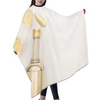 Personality  Top View Of Golden Tequila In Bottle And Shot Glasses With Lime On White Marble Surface Hair Cutting Cape