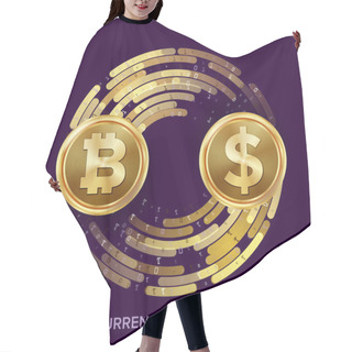 Personality  Digital Currency Money Exchange Vector. Bitcoin, Dollar. Fintech Blockchain. Gold Coins With Digital Stream. Cryptography. Conversion Commercial Operation. Business Investment. Financial Illustration Hair Cutting Cape