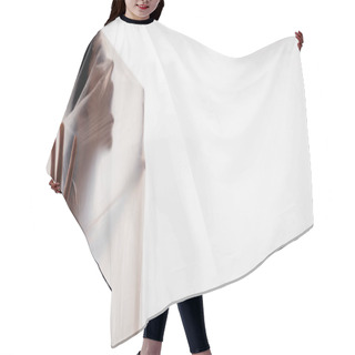 Personality  Panoramic Shot Of Brunette Woman Screaming Through Polyethylene Isolated On White, Ecology Concept Hair Cutting Cape