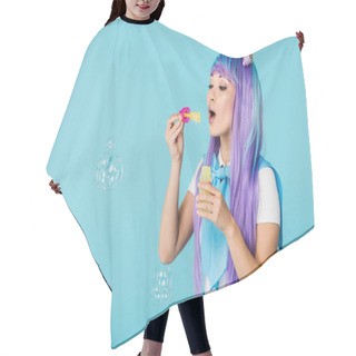 Personality  Asian Anime Girl In Purple Wig With Soap Bubbles Isolated On Blue Hair Cutting Cape