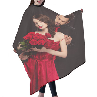 Personality  Handsome Man Taking Off Dress From Elegant Girlfriend With Red Roses Isolated On Black Hair Cutting Cape