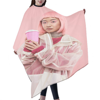Personality  Confident Asian Young Woman With Pink Hair Posing With Coffee Cup Against Vibrant Background Hair Cutting Cape