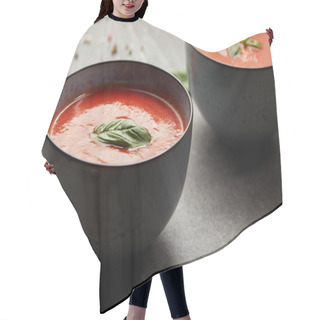 Personality  Plates With Tasty Tomato Soup And Basil On Grey Table Hair Cutting Cape