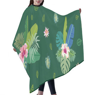 Personality  Palm Leaves And Exotic Flowers On Dark Green Background.  Hair Cutting Cape