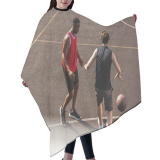 Personality  High Angle View Of Interracial Men Playing Basketball On Court  Hair Cutting Cape