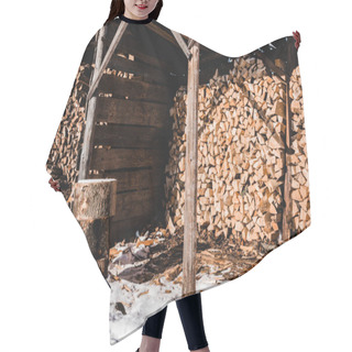 Personality  Pile Of Firewood In Wooden Building At Sunny Day In Winter Hair Cutting Cape