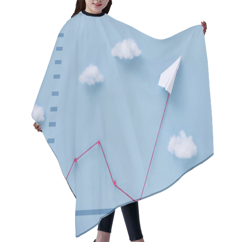 Personality  Conceptual Paper Plane Pulling Business Finance Growth Chart Line Upwards On Blue Sky Background.  Hair Cutting Cape
