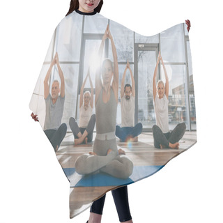 Personality  Group Of Women Meditating In Lotus Yoga Pose With Namaste Mudra Hair Cutting Cape