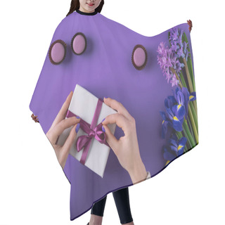 Personality  Cropped Image Of Girl Opening Present Box On Purple Hair Cutting Cape