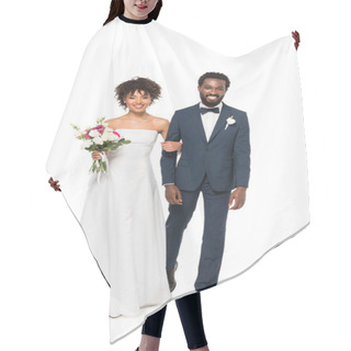 Personality  Happy African American Bride Holding Flowers Near Bearded Bridegroom Isolated On White Hair Cutting Cape