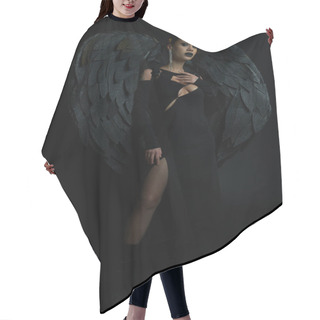 Personality  Woman In Sexy Dress And Fantasy Dark Demon Wings Looking At Camera On Black, Halloween Concept Hair Cutting Cape