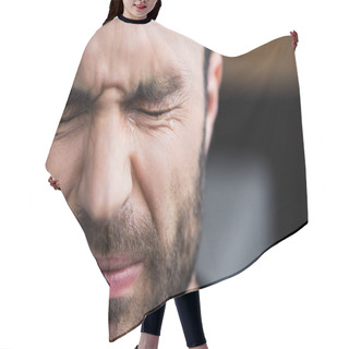 Personality  Portrait Of Handsome Bearded Man Crying With Closed Eyes With Tears On Face Hair Cutting Cape