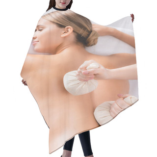 Personality  Top View Of Masseur Massaging Client With Herbal Bags In Spa Salon  Hair Cutting Cape