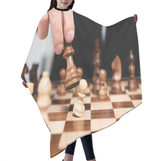 Personality  Cropped View Of Businessman Holding Chess Figure Above Chessboard  Hair Cutting Cape