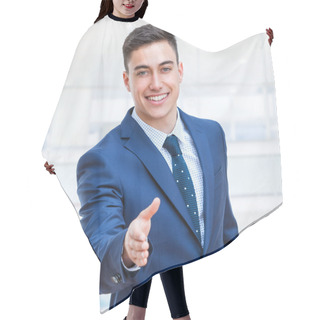 Personality  Businessman In Suite Reaching Out Hand. Hair Cutting Cape